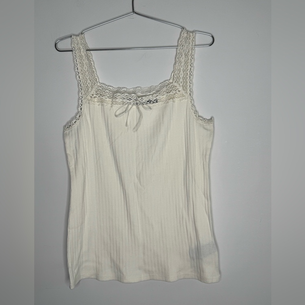 Lauren Ralph Lauren Size L Cream Bow Detail Cotton Ribbed Tank Top Coquette